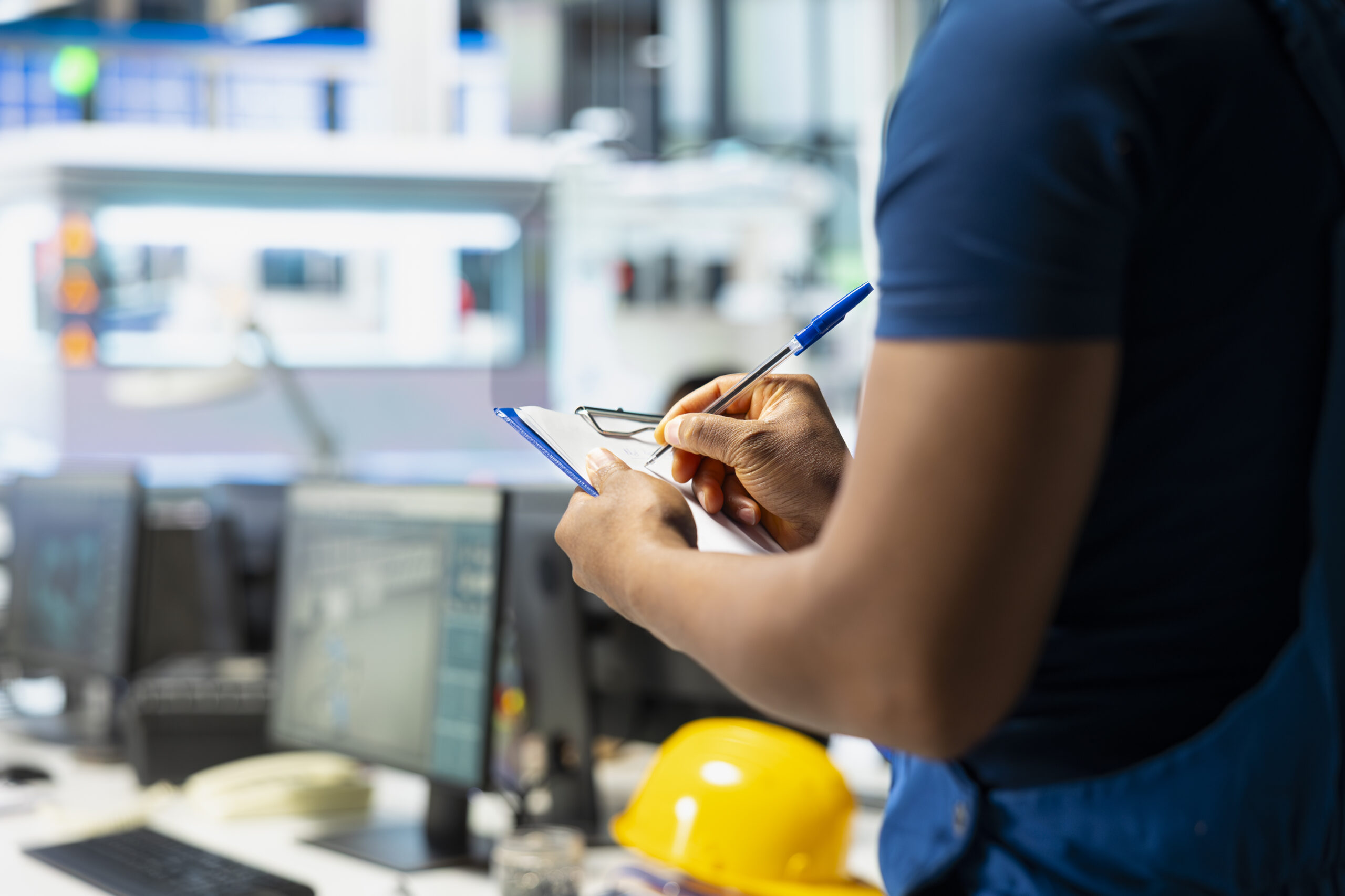 Solar panel manufacturing plant researcher taking notes on files,